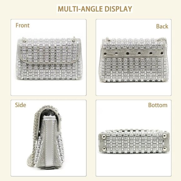 Women Silver Sparkly Rhinestone Cocktail Diamond Bag